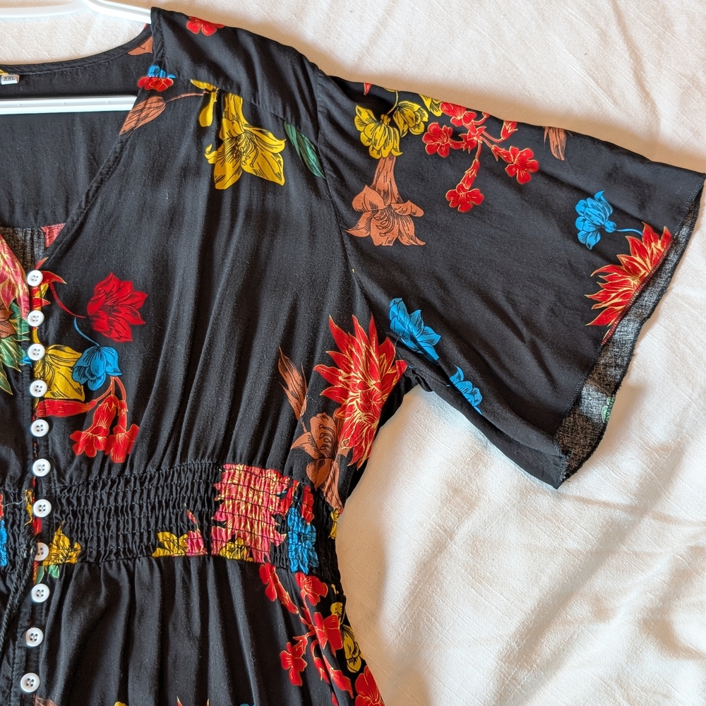 Floral Black Beach Summer Vacation Dress with Button Detail Or Swimsuit Cover Up